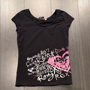 Roxy - Black Tee with Pink and White Graphics